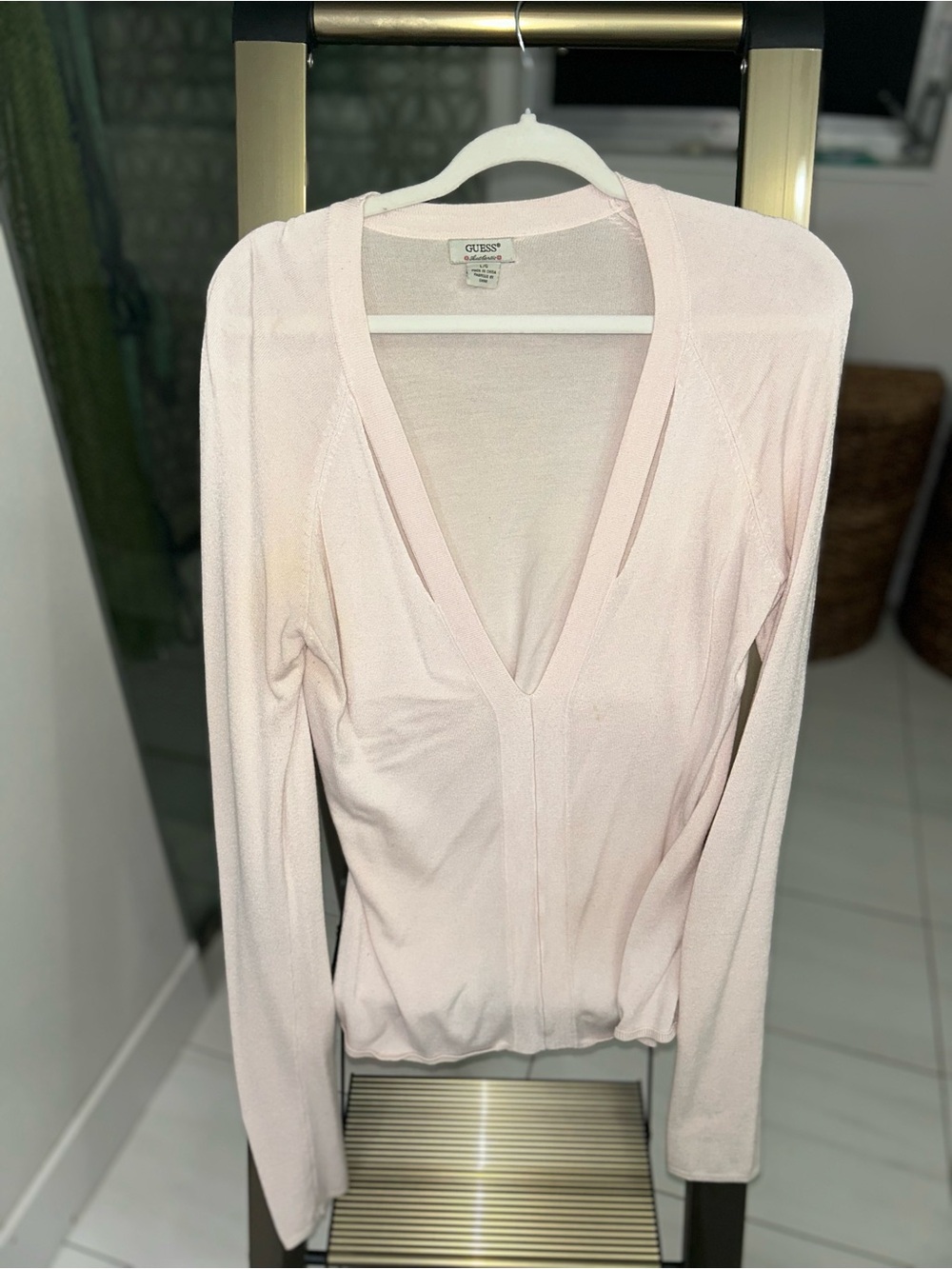 Guess Pale Pink Deep V-Neck Long Sleeve Top